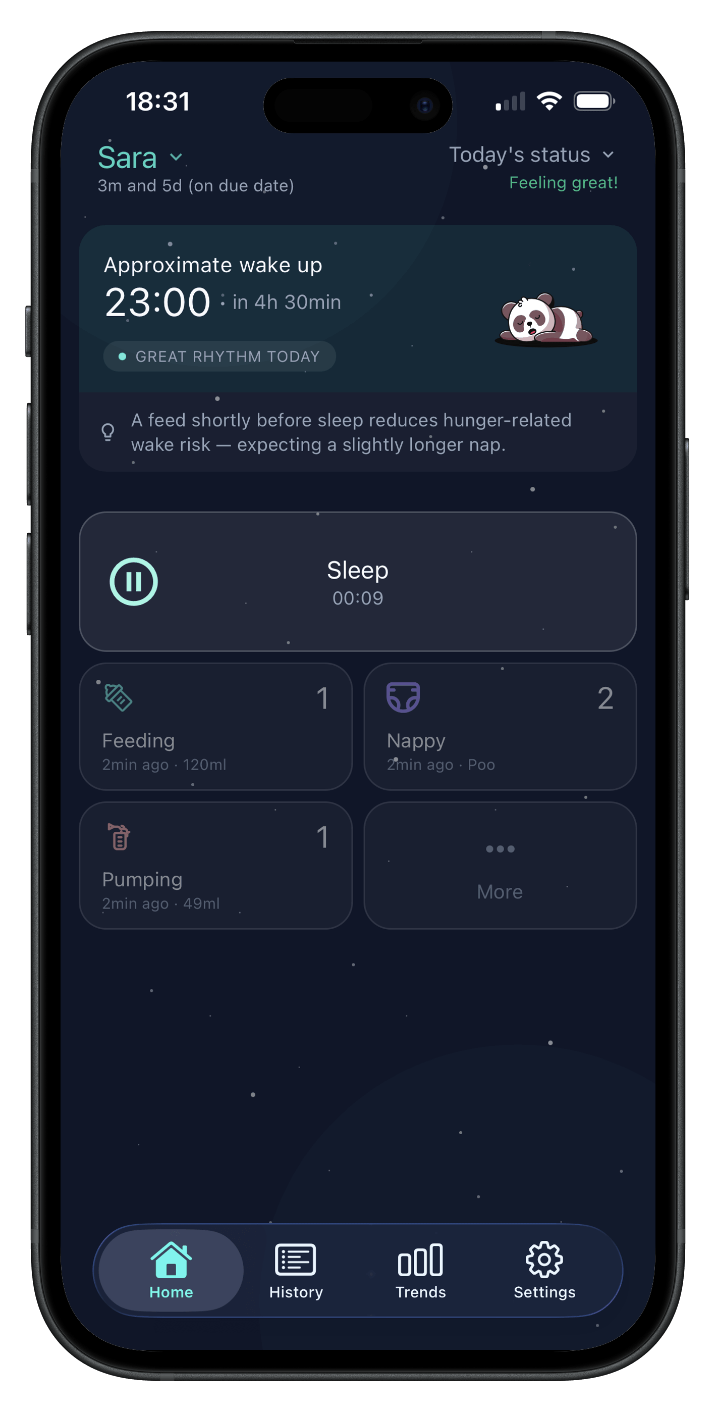 Hushly showing approximate wake up time at 23:00 with AI insight about feeding