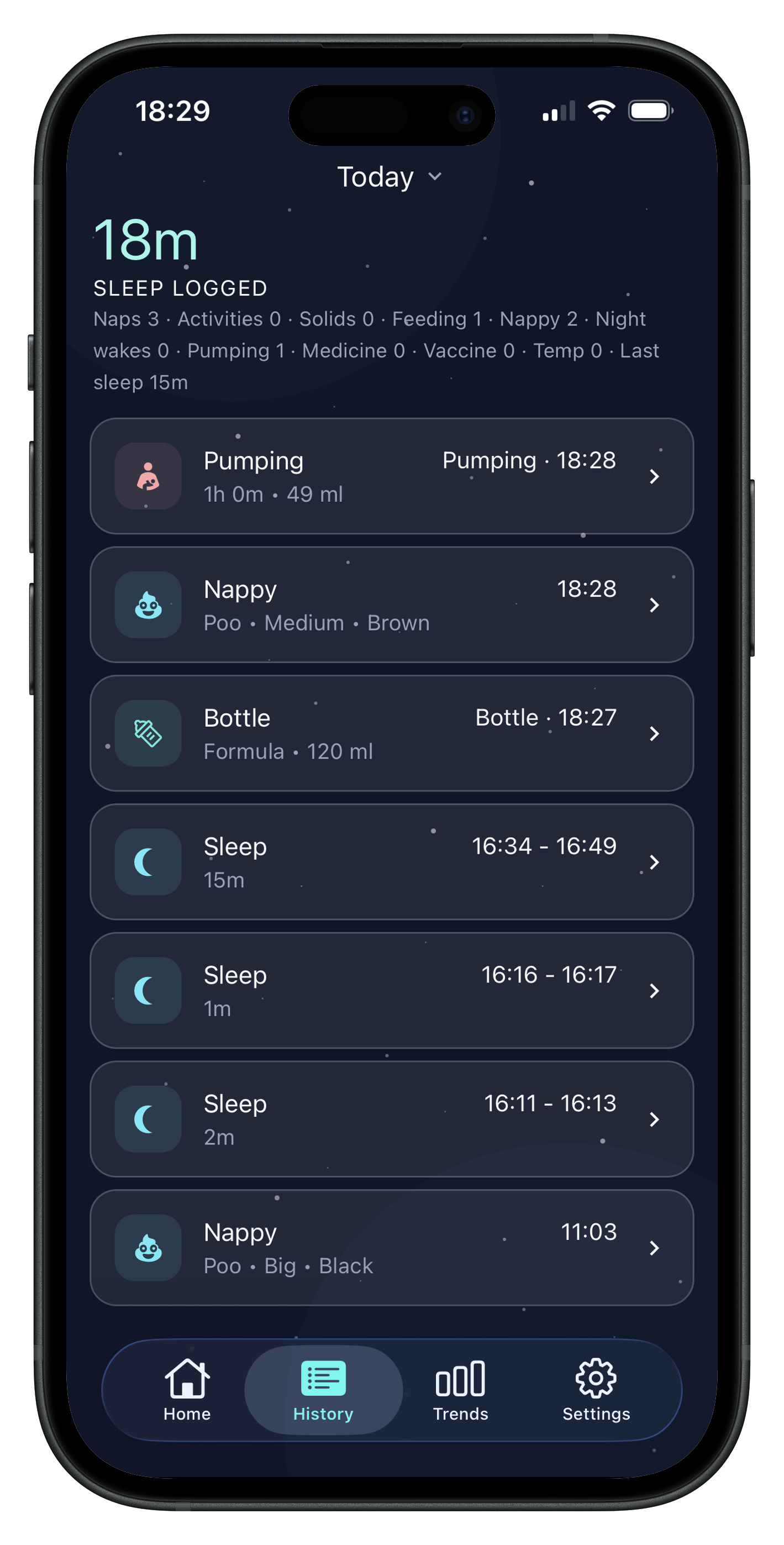 Hushly sleep and activity history timeline