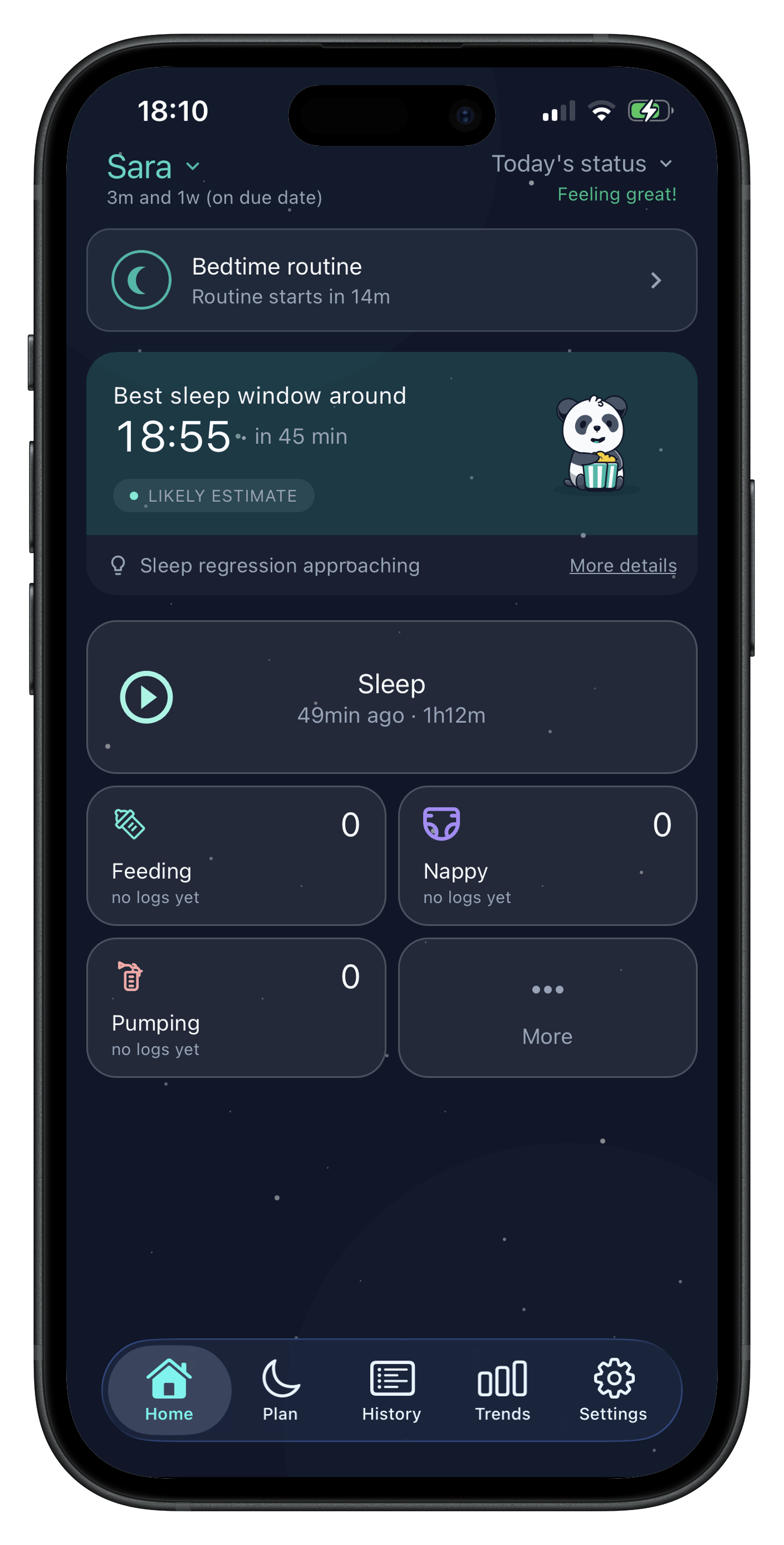 Hushly home screen predicting best sleep window at 19:30 with pattern detection