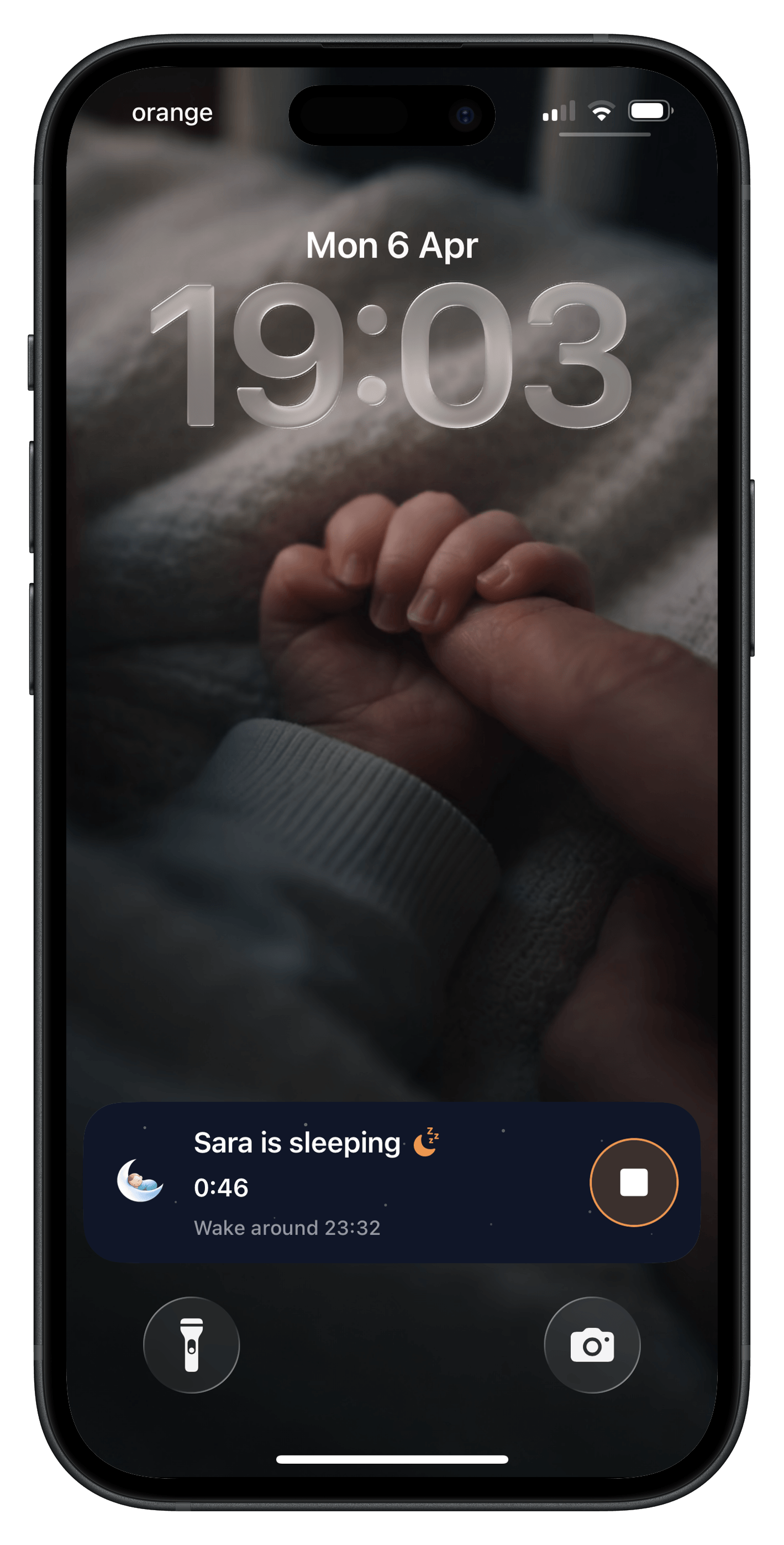 iPhone lock screen showing Hushly tracking baby's sleep in real time during the bedtime routine