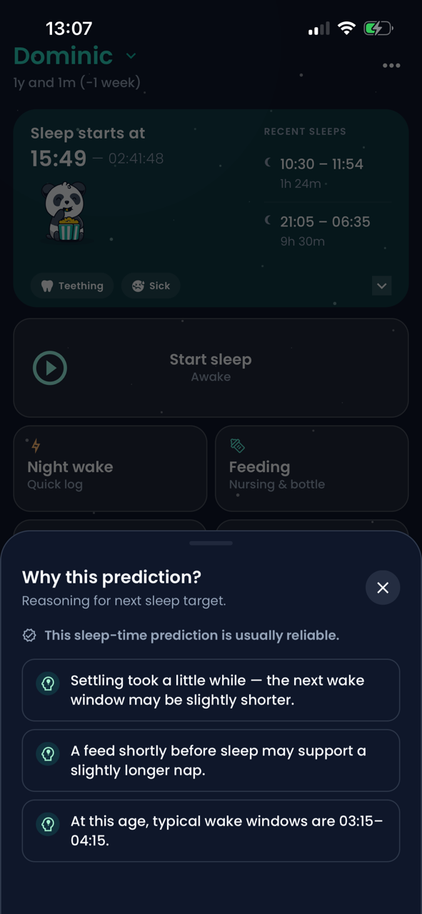 Hushly sleep prediction screen showing next nap countdown and wake window